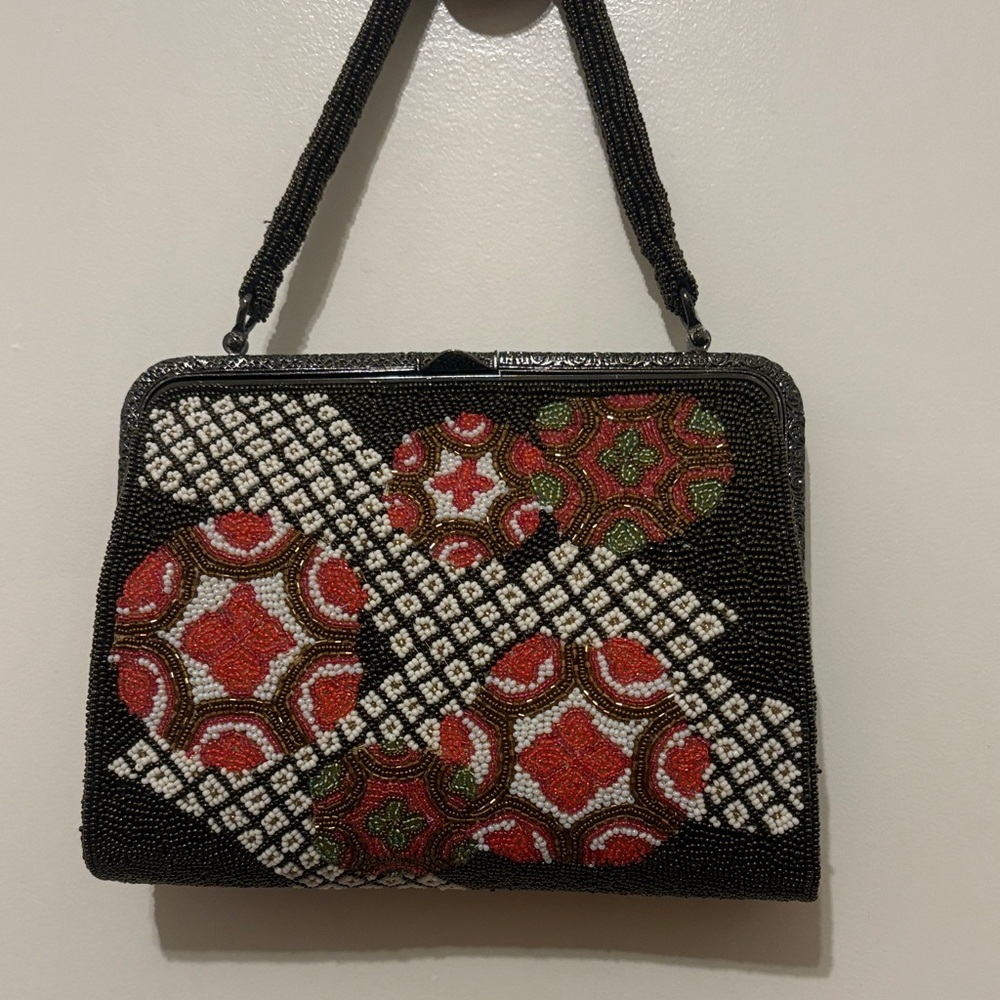 Elegant  vintage Beaded Handbag - Black, Red, Green